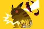  :3 alolan_raichu evolutionary_line floating gigantamax gigantamax_pikachu glowing glowing_eyes glowing_tail highres kasai_(pixiv24704749) looking_at_viewer looking_back no_humans pichu pikachu pokemon pokemon_(creature) raichu smile spiky-eared_pichu yellow_background 