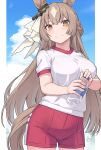  1girl animal_ears bangs blue_sky bottle breasts brown_hair gym_uniform hair_between_eyes hair_ornament hair_ribbon horse_ears horse_girl large_breasts long_hair looking_at_viewer red_shorts ribbon satono_diamond_(umamusume) shiseki_hirame shorts sky smile solo track_uniform umamusume water_bottle yellow_eyes 