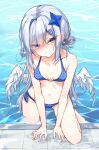  1girl amane_kanata angel_wings bangs beliatan bikini blue_hair blush breasts colored_inner_hair feathered_wings halo highres hololive long_hair looking_at_viewer multicolored_hair pout purple_eyes small_breasts solo star_halo swimsuit virtual_youtuber wet wings 