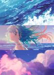  1girl absurdres aqua_hair asari_nanami bangs blue_eyes blue_hair blue_sky cloud commentary_request crescent_moon evening gradient_hair hair_ornament hairclip highres idolmaster idolmaster_cinderella_girls long_hair looking_at_viewer moon multicolored_hair ocean outdoors parted_lips pink_clouds pink_hair portrait signature sky solo water waves yagita_(astronomie) 