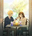  1boy 1girl absurdres azezazel bare_shoulders blonde_hair blue_eyes brown_hair casual chair closed_eyes cloud_strife collarbone couple crop_top cup denim drink drinking_straw earrings feeding final_fantasy final_fantasy_vii final_fantasy_vii_remake food highres holding holding_spoon indoors jeans jewelry long_hair looking_at_another pants shirt sitting spiked_hair spoon table tifa_lockhart torn_clothes torn_legwear window 