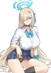  1girl :d aemu_(august_life) asuna_(blue_archive) black_choker black_legwear black_panties black_skirt blonde_hair blue_archive blue_bow blue_bowtie blue_eyes blue_ribbon blush bow bowtie breasts choker clothes_lift collared_shirt dress_shirt feet_out_of_frame hair_over_one_eye hair_ribbon halo highres kneehighs large_breasts lifted_by_self long_hair miniskirt panties parted_lips pleated_skirt ribbon school_uniform shirt short_sleeves sitting skirt skirt_lift smile solo twitter_username underwear upskirt very_long_hair wrist_cuffs 