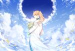  1boy bouquet cloud cloudy_sky english_commentary english_text fate/grand_order fate_(series) flower gevjon green_eyes highres holding holding_bouquet labcoat lily_(flower) long_hair long_sleeves looking_back male_focus orange_hair petals ponytail romani_archaman sky smile solo spoilers white_flower 