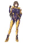 1girl ass_visible_through_thighs black_bodysuit bodysuit breasts brown_hair covered_navel fortified_suit hand_on_hip highres impossible_bodysuit impossible_clothes large_breasts long_hair looking_at_viewer muvluv muvluv_alternative muvluv_total_eclipse ozaneko pilot_suit purple_eyes shiny shiny_clothes shiny_hair simple_background skin_tight solo standing takamura_yui white_background 
