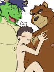  anthro asian_mythology blue_hair blush brown_body brown_fur crescent_(shape) dragon east_asian_mythology eastern_dragon embrace eyes_closed fur green_body group hair hi_res hiroyuki_(morenatsu) horn hug human human_on_anthro interspecies juuichi_mikazuki larger_anthro larger_male long_hair male male/male mammal morenatsu multicolored_body musclegut muscular muscular_anthro muscular_male mythology nipples nude open_mouth pec_grasp pec_smothering pecs sandwiched scalie shirako signature size_difference smaller_human smaller_male tatsuki_(morenatsu) trio ursid video_games visual_novel yellow_body 