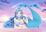  1girl :d arm_support bangs bare_shoulders blue_eyes blue_hair blush bracelet breasts cleavage cloud collarbone commentary_request earrings full_body glint gradient_sky hair_ornament hand_up highres houshou_hanon jewelry lens_flare long_hair looking_at_viewer lying medium_breasts mermaid mermaid_melody_pichi_pichi_pitch monster_girl necklace ocean on_stomach open_mouth outdoors pearl_bracelet pearl_necklace shell shell_bikini shell_necklace shirato_sayuri sidelocks signature sky smile solo star_(symbol) star_earrings star_hair_ornament stomach sunset tail tail_ornament tail_raised teeth upper_teeth very_long_hair wavy_hair 