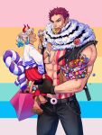  1boy 1girl abs arm_tattoo bag bare_arms bare_pectorals bare_shoulders belt black_gloves black_pants black_vest blue_hair candy carrying chain charlotte_katakuri chest_tattoo child cuffs curled_horns doughnut earrings ellie_mehl eyebrow_piercing fang fingerless_gloves fingernails food food_in_mouth food_on_face geta gloves green_hair hair_ornament hair_stick hakama height_difference high_ponytail highres holding holding_food horns ice_cream ice_cream_cone japanese_clothes jewelry lollipop long_hair long_sleeves looking_at_another mouth_hold multicolored_hair multicolored_horns muscular muscular_male nipples one_piece oni open_clothes open_mouth open_vest orange_horns pants paper_bag pectorals piercing red_eyes red_hair red_horns rope scar scar_on_cheek scar_on_face scarf shackles sharp_teeth shimenawa short_hair shoulder_tattoo smile stomach_tattoo tan tattoo teeth teeth_hold toes vest white_hair wide_sleeves yamato_(one_piece) younger 