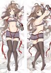  1girl ahoge animal_ears arknights arm_behind_head arm_up ass bandaged_arm bandages bangs bare_shoulders bed_sheet blush bra breasts brown_hair brown_legwear butt_crack closed_mouth dakimakura_(medium) eyjafjalla_(arknights) full_body goggles goggles_removed horns long_hair lying medium_breasts moeanime multiple_views on_back on_bed on_stomach parted_lips purple_bra purple_shorts sheep_ears sheep_girl sheep_horns shorts sideboob thighhighs underboob underwear very_long_hair 