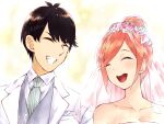  1boy 1girl bangs black_hair breasts bridal_veil cleavage collarbone couple flower go-toubun_no_hanayome hair_flower hair_ornament happy happy_tears hetero highres husband_and_wife nakano_yotsuba necktie open_mouth orange_hair short_hair striped_necktie tears teeth uesugi_fuutarou upper_body upper_teeth veil vertical-striped_necktie wai_(y48754085) 