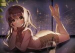  1girl absurdres barefoot blush brown_hair cup dayoon_(htrc7254) disposable_cup hand_on_own_cheek hand_on_own_face head_rest highres idolmaster idolmaster_cinderella_girls idolmaster_cinderella_girls_starlight_stage looking_at_viewer lying night night_sky on_stomach one_side_up plaid plaid_skirt shimamura_uzuki skirt sky smile solo wavy_hair window 