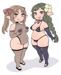  2girls bangs blush breasts brown_eyes character_request commentary_request copyright_request dot_nose earrings elbow_gloves fingerless_gloves flower full_body gloves green_eyes green_hair hair_flower hair_ornament jewelry looking_at_viewer multiple_girls navel open_mouth pasties pointy_ears shadow sidelocks thick_thighs thighhighs thighs yoshino_norihito 