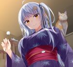  1girl ahoge animal bangs black_ribbon blue_hair blue_kimono blunt_bangs blurry blurry_background breasts cat cat_hair_ornament closed_mouth commission fireworks_print from_below glowing glowing_eyes grey_hair hair_ornament hair_ribbon hairclip holding irohara japanese_clothes kimono large_breasts long_hair looking_at_viewer looking_down mimikaki multicolored_hair obi obijime one_side_up original ribbon sash skeb_commission smile streaked_hair upper_body wide_sleeves yellow_eyes yukata 