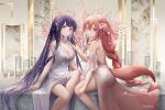  2girls absurdres bangs bare_shoulders blunt_bangs braid braided_ponytail branch breasts candle cleavage deess dress genshin_impact hand_on_another&#039;s_shoulder highres hime_cut large_breasts long_hair looking_at_viewer mihaia multiple_girls parted_lips pink_hair purple_eyes purple_hair raiden_shogun sitting smile very_long_hair white_dress yae_miko yuri 