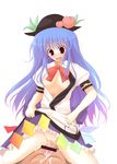  blue_hair censored cum ejaculation flat_chest food fruit girl_on_top grinding hat highres hinanawi_tenshi long_hair nipples peach penis pussy rikudou_inuhiko solo straddling touhou 