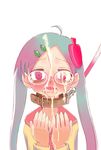  ahoge antan apple bad_id bad_pixiv_id copyright_request cum food fruit glasses highres leaf leash omamoringosan open_mouth solo tears 