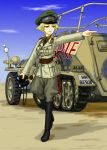  1girl alternate_costume belt binoculars blonde_hair blue_sky boots breasts cloud dragoon_(dragon_w) erwin_(girls_und_panzer) girls_und_panzer goggles goggles_on_headwear half-track hat highres iron_cross knee_boots military military_uniform sand short_hair sky solo uniform yellow_eyes 