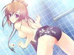  against_wall breasts brown_hair censored cum cum_on_ass cum_on_body cum_on_clothes cum_on_upper_body game_cg irie_mitsuki jpeg_artifacts long_hair medium_breasts mosaic_censoring one-piece_swimsuit ponytail purple_eyes pussy satou_satoru showering solo swimsuit swimsuit_aside topless tsukushite_ageru_no_ni! wet 