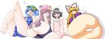  ass bespectacled black_hair blonde_hair blue_hair glasses hat highres huge_ass inaba_tewi kawashiro_nitori long_hair multiple_girls namidame one-piece_swimsuit one_eye_closed patchouli_knowledge purple_hair pussy ribbon school_swimsuit short_hair swimsuit touhou translation_request two_side_up white_school_swimsuit white_swimsuit yakumo_yukari 