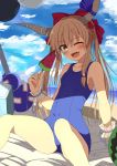  1girl ;d beach blue_sky blue_swimsuit blush bow brown_eyes brown_hair chain cloud collarbone commentary_request day eyebrows_visible_through_hair fang food fruit gourd hair_bow highres horns ibuki_suika long_hair looking_at_viewer ocean one-piece_swimsuit one_eye_closed open_mouth popsicle red_bow school_swimsuit sitting sky smile solo swimsuit taki_sandstone touhou watermelon watermelon_bar wrist_cuffs 