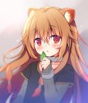  1girl :&lt; animal_ear_fluff animal_ears bangs black_shirt blurry blurry_background blush brown_hair closed_mouth collarbone commentary_request depth_of_field eyebrows_visible_through_hair hair_between_eyes head_tilt holding holding_leaf leaf long_hair long_sleeves raccoon_ears raphtalia red_eyes sasai_saji shirt short_over_long_sleeves short_sleeves sidelocks signature sleeves_past_wrists solo tate_no_yuusha_no_nariagari upper_body very_long_hair 