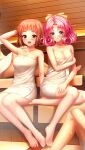  2girls :d bangs bare_arms bare_legs barefoot blush bow breasts brown_eyes brown_hair character_request cleavage closed_mouth collarbone doukyuusei_another_world game_cg green_eyes hair_bow hair_tubes indoors kakyuusei large_breasts long_hair minagawa_nana multiple_girls naked_towel pink_hair sauna shiny shiny_hair short_hair sitting smile towel yellow_bow 