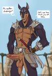  abs anthro armor balls belt bodily_fluids canid canine dialogue dobo_(thundercats) dripping erection genital_fluids genitals humanoid_genitalia humanoid_penis male mammal melee_weapon muscular muscular_male pecs penis precum precum_drip smile solo spiked_armor spikes sword vhkansfweer weapon 