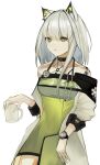  1girl absurdres animal_ear_fluff animal_ears arknights bare_shoulders black_collar cat_ears collar cowboy_shot cup dress green_dress green_eyes grey_hair hair_between_eyes hand_up highres holding holding_cup jacket jewelry kal&#039;tsit_(arknights) looking_at_viewer medium_hair mug o-ring off-shoulder_dress off_shoulder oripathy_lesion_(arknights) parted_lips ring samidareame simple_background solo stethoscope watch white_background white_jacket wristwatch 