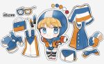  1girl apex_legends blonde_hair blue_bodysuit blue_bow blue_eyes blue_gloves blue_headwear blush bodysuit bow chibi color_guide cookie_galo glasses gloves kisekae lightning_bolt_symbol looking_at_viewer ribbed_bodysuit smile solo sweater two-tone_dress wattson_(apex_legends) white_bodysuit 