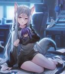  1girl :p absurdres animal_ear_fluff animal_ears asahina_mafuyu bangs bare_legs barefoot black_hoodie blue_eyes chair character_doll extra_ears fox_ears fox_girl fox_tail full_body grey_hair hair_between_eyes highres hood hood_down hoodie indoors light_particles long_hair long_sleeves looking_at_viewer mirage_(rairudiseu) monitor multiple_monitors project_sekai sheet_music sitting solo tail tongue tongue_out very_long_hair yoisaki_kanade 