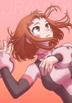  1girl arm_up bangs blush boku_no_hero_academia breasts brown_eyes brown_hair gauntlets hand_on_own_chest highres imoan_atag large_breasts looking_up messy_hair pink_background short_hair simple_background solo tight twitter_username uraraka_ochako 