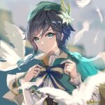  1boy androgynous andylecia bangs beret black_hair blue_hair blurry blurry_background bow braid brooch cape closed_eyes closed_mouth collared_cape collared_shirt commentary_request corset falling_feathers flower frilled_sleeves frills gem genshin_impact gradient_hair green_cape green_eyes green_headwear hair_flower hair_ornament hat highres jewelry leaf long_sleeves looking_at_viewer male_focus multicolored_hair shirt short_hair_with_long_locks side_braids sidelocks smile solo twin_braids twitter_username venti_(genshin_impact) white_flower white_shirt 