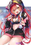  1girl bandaged_leg bandages blurry blurry_background breasts character_name collar commentary_request earrings fang fingernails goggles goggles_on_head highres hood hoodie jewelry long_hair medium_breasts navel pome_charo red_hair simple_background virtual_youtuber vspo! yellow_eyes 