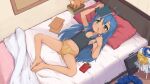  1girl ahoge barefoot bed black_shirt blue_hair blush breasts closed_mouth collarbone eyebrows_behind_hair food green_eyes highres indoors izumi_konata long_hair lucky_star lying navel on_back on_bed panties pocky recklessdraw ryouou_school_uniform school_uniform serafuku shiny shiny_hair shirt shorts small_breasts smile solo spread_legs underwear white_panties yellow_shorts 
