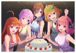  2022 5girls :d absurdres ahoge bangs birthday blue_dress blue_ribbon blunt_bangs border bow bow_hairband breasts brown_hair collarbone dated dress go-toubun_no_hanayome green_bow green_hairband green_ribbon grin hair_between_eyes hair_bow hair_ornament hairband happy_birthday headphones headphones_around_neck highres long_hair looking_at_viewer medium_breasts multiple_girls nakano_ichika nakano_itsuki nakano_miku nakano_nino nakano_yotsuba open_mouth pink_hair purple_dress purple_eyes purple_ribbon red_hair red_ribbon ribbon shiny shiny_hair siblings sisters sleeveless sleeveless_dress smile standing star_(symbol) star_hair_ornament v white_border white_dress yasuba_yuichi yellow_ribbon 