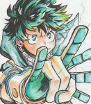  1boy boku_no_hero_academia closed_mouth flick freckles gloves green_eyes green_hair highres hood male_focus midoriya_izuku niwa2wa_tori short_hair solo traditional_media 