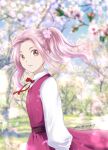  1girl absurdres blurry blurry_background brown_eyes cherry_blossoms dated dress floating_hair flower from_side hair_flower hair_ornament hannelole_(honzuki_no_gekokuji) highres honzuki_no_gekokujou long_hair long_sleeves looking_at_viewer neck_ribbon parted_lips pinafore_dress pink_flower pink_hair red_dress red_ribbon ribbon shiny shiny_hair shirt sleeveless sleeveless_dress solo spring_(season) standing twintails twitter_username white_shirt yuuko24 