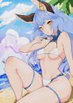  1girl absurdres animal_ears arm_support bare_shoulders beach bikini blue_hair blue_sky cloud covered_nipples ear_piercing erune ferry_(granblue_fantasy) granblue_fantasy highres inuinuo_gataken lipstick long_hair looking_at_viewer makeup midriff navel ocean piercing sand sitting skindentation sky solo stomach swimsuit thick_thighs thigh_strap thighs white_bikini yellow_eyes 