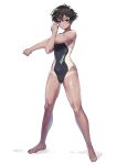  1girl absurdres barefoot black_eyes black_hair black_swimsuit clothes_writing commentary_request competition_swimsuit dark_skin full_body highres one-piece_swimsuit original sahara1127 short_hair simple_background solo standing stretch swimsuit tan tanlines two-tone_swimsuit white_background 