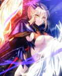  1girl absurdres armor artoria_pendragon_(fate) artoria_pendragon_(lancer_alter)_(fate) black_armor black_bodysuit black_cape blonde_hair bodysuit braid breasts cape center_opening dark_rhongomyniad fate/grand_order fate_(series) faulds french_braid fuyuki_(neigedhiver) hair_between_eyes highres horns horse horseback_riding lance large_breasts llamrei_(fate) long_hair looking_at_viewer navel pauldrons polearm revealing_clothes ribbed_bodysuit riding shoulder_armor sidelocks solo_focus thighs underboob weapon yellow_eyes 