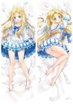  1girl :d angel_wings bare_legs barefoot bed_sheet blonde_hair blue_bow blue_bowtie blue_eyes bow bowtie closed_mouth dakimakura_(medium) dress feathered_wings feathers firo_(tate_no_yuusha_no_nariagari) from_above full_body hair_intakes long_hair long_sleeves looking_at_viewer lying moeanime on_back on_side open_mouth panties shiny shiny_hair short_dress skirt_hold smile soles solo split_screen straight_hair tate_no_yuusha_no_nariagari underwear very_long_hair white_dress white_feathers white_panties white_wings wings 