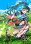  1girl artist_name black_gloves blue_sky boots breasts brown_footwear day earrings fighting_stance fingerless_gloves fire_emblem fire_emblem:_the_blazing_blade fire_emblem_heroes full_body gloves grass green_eyes green_hair high_ponytail holding holding_sword holding_weapon jewelry kero_sweet large_breasts long_hair lyn_(fire_emblem) open_mouth outdoors pelvic_curtain ponytail rope_belt sheath side_slit signature sky solo sword very_long_hair weapon 