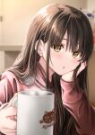  1girl absurdres bangs blush brown_hair cup highres holding holding_cup hood hoodie indirect_kiss long_hair long_sleeves looking_at_viewer loungewear open_mouth original rurihara_zurachii solo sweater yellow_eyes 