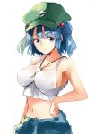  1girl bangs blue_eyes blue_hair breasts clothes_around_waist covered_nipples deetamu flat_cap green_headwear hat highres jacket jacket_around_waist kawashiro_nitori key large_breasts medium_hair see-through shirt short_twintails sidelocks solo touhou twintails two_side_up wet wet_clothes wet_shirt 
