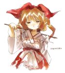  1girl blonde_hair blonde_shrine_maiden_from_a_future_era_(touhou) bow brown_eyes closed_mouth facing_viewer gohei hair_bow half-closed_eyes highres japanese_clothes kozumi_sub miko squinting touhou 