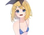  1girl :d aomidori_(em_em37) backlighting bare_arms bare_shoulders bikini black_bow blonde_hair blue_bikini blue_eyes bow breast_tattoo breasts collarbone eyes_visible_through_hair fangs hair_between_eyes hair_ornament hairclip highres kagamine_rin looking_at_viewer midriff number_tattoo open_mouth see-through short_hair signature small_breasts smile solo string_bikini striped striped_bikini swimsuit tattoo vocaloid white_background 