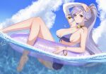  1girl absurdres alternate_costume ass barefoot bikini blue_sky bracelet breasts choker cleavage closed_mouth cloud day detached_sleeves fire_emblem fire_emblem:_genealogy_of_the_holy_war hair_ornament highres ishtar_(fire_emblem) jewelry large_breasts legs long_hair looking_at_viewer ocean outdoors partially_submerged ponytail purple_bikini purple_eyes purple_hair shooot108 single_detached_sleeve sky solo swimsuit yellow_choker 