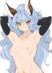  1girl absurdres animal_ears armpits arms_behind_head arms_up bare_shoulders black_sleeves blush breasts collarbone ear_piercing elbow_gloves ferry_(granblue_fantasy) gloves granblue_fantasy hair_between_eyes hand_in_own_hair highres inuinuo_gataken long_hair long_sleeves looking_at_viewer navel nipples nude piercing presenting_armpit simple_background small_breasts solo stomach toned upper_body white_background 