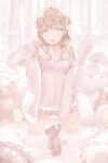  1girl absurdres brown_eyes brown_hair candy food half_updo highres holding holding_candy holding_food holding_lollipop holding_stuffed_toy lollipop long_hair loungewear one_side_up open_mouth original solo stuffed_animal stuffed_toy teddy_bear thighhighs tongue tongue_out usagiplanet7 
