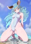  1girl absurdres animal_ears arm_support arms_behind_back ass_visible_through_thighs bare_shoulders barefoot beach bikini blue_hair blue_sky blush breasts closed_mouth cloud covered_navel covered_nipples ear_piercing erune ferry_(granblue_fantasy) granblue_fantasy highres inuinuo_gataken kneeling long_hair looking_at_viewer midriff ocean piercing sand signature skin_tight skindentation sky smile solo swimsuit thick_thighs thigh_strap thighs white_bikini yellow_eyes 