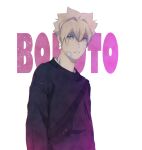  1boy bandaid bandaid_on_face black_sweater blonde_hair bonamize boruto:_naruto_next_generations character_name copyright_name gradient_clothes hair_tubes highres long_sleeves male_focus naruto_(series) purple_eyes purple_sweater solo sweater upper_body uzumaki_boruto 